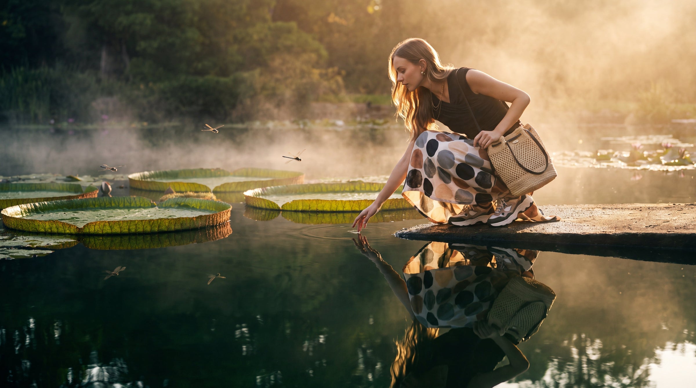 A woman crouches by a misty lake at golden hour, reaching toward giant water lilies. She wears a sleeveless black top, a black-and-white polka dot skirt, and carries a woven straw tote bag.