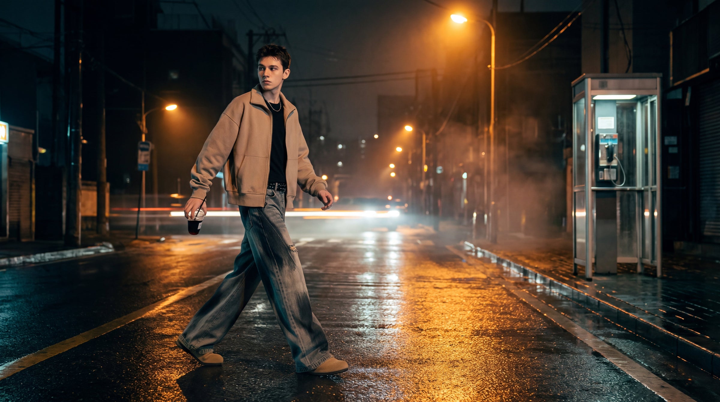 A man wearing a beige jacket, black shirt, and wide-leg jeans walks across a wet city street at night with streetlights and car headlights in the background.